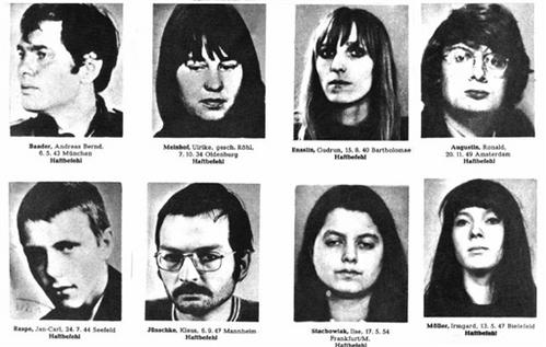 Undated police hand-out of a Red Army Fraction members wanted list. Upper row L to R: Andreas Baader, Ulrike Meinhof, Gudrun Ensslin and Ronald Augustin. Below L to R: Jan-Carl Raspe, Klaus Juenschke, Ilse Stachowiak und Irmgard Mueller. The RAF announced 20 April its dissolution, in a eight-page letter to a press agency confirmed by the federal prosecutor's office but to be verified by criminal police. The letter said: "Today we end this project. The urban guerilla battle of the RAF is now history."